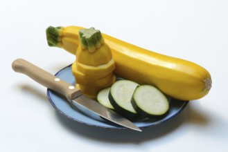 Green and yellow courgettes on a plate with a knife, Cucurbita pepo