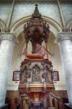 Interior view, pulpit with sailing ship, Église Saint Martin church, Yport, Normandy,
