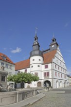 Renaissance Town Hall with Duke George Fountain, Market Square, Hildburghausen, Franconia,