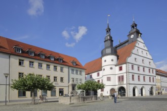 Renaissance town hall and Duke Georg fountain, turret, market square, Hildburghausen, Franconia,