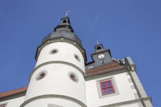 Renaissance town hall with turret, view upwards, perspective, market place, Hildburghausen,