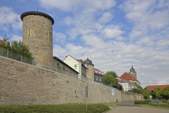 Towers with historic town wall, town fortifications, Christuskirche, Luisenblick, Hildburghausen,