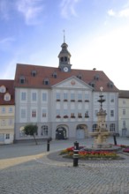 Baroque town hall built in 1711 and market fountain, market square, Themar, cobblestone, Thuringia,