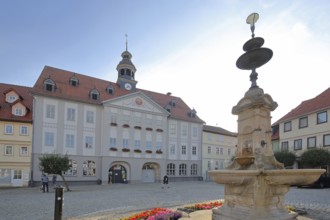 Baroque town hall built in 1711 and market fountain, market square, Themar, cobblestone, Thuringia,