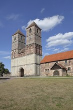 Romanesque St Mary's Collegiate Church with twin towers, church ruins, museum, Veßra Monastery,