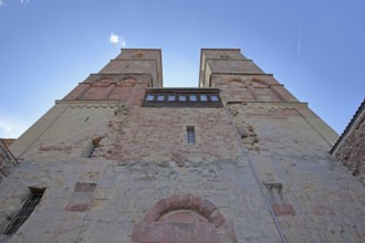 Romanesque St. Mary's Collegiate Church with twin towers, view upwards, perspective, church ruins,