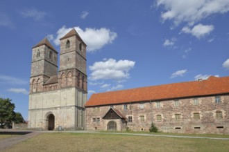 Romanesque St Mary's Collegiate Church with twin towers, church ruins, museum, Veßra Monastery,