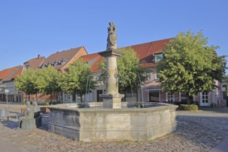 Market fountain with sculpture, Schleusingen, Thuringia, Germany