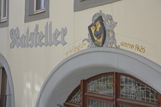 Council cellar with inscription and town coat of arms, year, anno, 1426, window, town hall, market