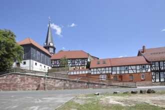 St. Johannes Church, with half-timbered houses, stone wall, Viernau, Steinbach-Hallenberg,