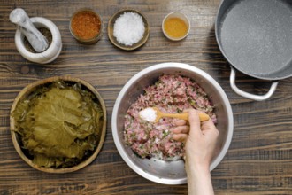 Adding sea salt into a bowl with minced lamb meat. Hands are preparing a flavorful filling for