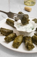 Dolma is being prepared in a cozy kitchen. Stuffed grape leaves are arranged on a plate,