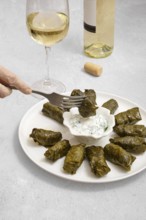 Dolma is served beautifully on a plate alongside a tangy yogurt dip, capturing the essence of home