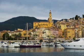Town with colourful houses by the sea, sunrise, Menton, Alpes Maritimes, Provence Alpes Cote