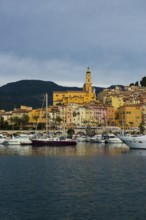 Town with colourful houses by the sea, sunrise, Menton, Alpes Maritimes, Provence Alpes Cote