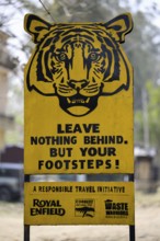 Sign Leave nothing behind but your footsteps, Tiger, Corbett National Park, near Ramnagar,