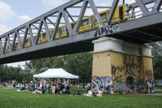 Families meet for a picnic on a warm summer afternoon in Park am Gleisdreieck, Berlin, 20.07.2025,
