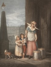 Young woman, milkmaid, distributing milk to two children, England, c. 1790, Painting by Francis