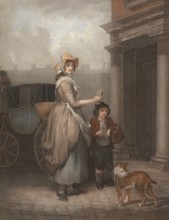 Young woman selling matches, travelling from door to door with her boy and a dog, Matches, England,