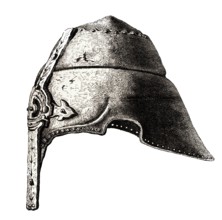 A nasal helmet from the early twelfth century, from the book The British Army, 1868, Historical,