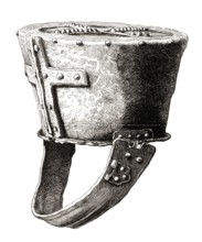 Helmet, from Pomeroy Castle, England, from the 12th century, from the book The British Army, 1868,