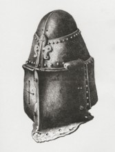 Helmet c. 1350, similar to that of the Black Prince in Canterbury Cathedral, but with the Piéce de
