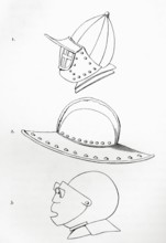 Helmets: 1. incomplete visor helmet. The visor can be opened via a hinge on the forehead. 2. pot