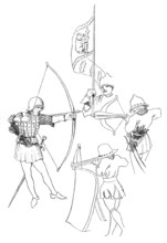 Clockwise from left: an archer, the standard of Richard, Earl of Warwick, a crossbowman and a