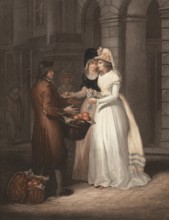 An orange seller offers his fruit to two elegant young ladies, England, c. 1790, Painting by