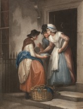 Fresh mackerel, fishmonger offers her wares at the front door, two customers buy the fish, England,