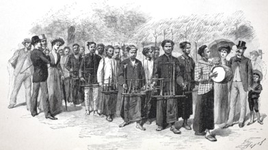 A music band from Jave on the way to pick up the dancers, 1880, Historical, digitally restored