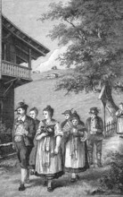 Alpine farmers on their way to Sunday worship in their home village, Alps, Tyrol, around 1880,