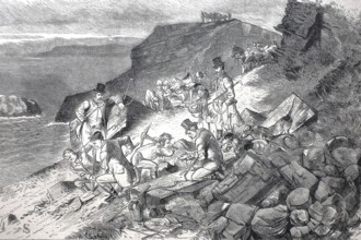 Foxhunt at Cornwell, 1880, Excavation of the den of a cliff fox, England, Historical, digitally