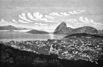 Cityscape of Rio de Janeiro, church, houses, green areas, Guanabara Bay, water and mountain