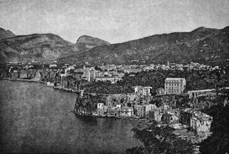 Steep coast of Sorrento, city view, rocky coast, mountain landscape, Gulf of Naples, Mediterranean