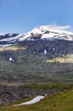Snow-covered volcano Snæfellsjökull, Snäfellsjökull, Snaefellsjökull glacier, spring clouds,
