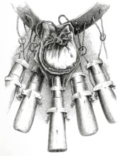 18th century weaponry, bandoleers showing the arrangement of the strings, rings, bullet pocket and