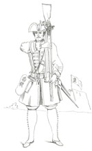 Foot soldier with armour, England, 1745, from the book The British Army, 1868, Historical,