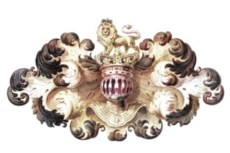 Helmet, coat of arms and cloak or lambrequin of the British sovereign, 1820, England, Historical,