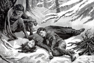 After a snowstorm in Dakotah, a child and a woman are frozen to death and lie in the snow, 1888,