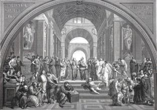 The School of Athens, woodcut after a fresco by the painter Raphael, which he produced from 1510 to