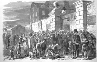 Scene of a famine in Ireland, people begging for food, around 1846, consequence of several crop