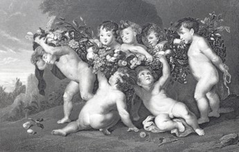 The fruit wreath, many children playing with fruit, steel engraving after a painting by Rubens,