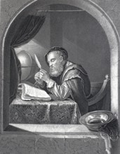 Scholar writing with a pen, Scientist, 1680, Historical, digitally restored reproduction of a 19th