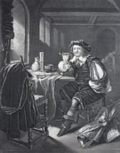 The trumpeter in the guardroom, tower guard, engraving after a painting by Van Mieris, around 1680,