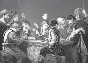 Roman soldiers in conversation, steel engraving after a painting by Caravaggio, historical,