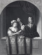 The Singer and the Musician, steel engraving after a painting by Caspar Netscher, Historical,