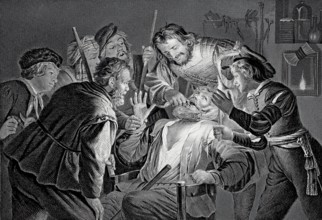 The Toothbreaker, Man at the dentist surrounded by several men, steel engraving after a painting by