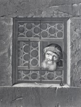 The curious, bearded man looks out of a hatch in a window, Steel engraving after a painting by Van