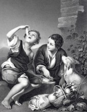 Eating boys, boys eating melon, fruit, steel engraving after a painting by Bartolome Esteban